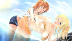 10s 2girls areolae ayase_eli bangs beach beach_towel blonde_hair blue_eyes blush breasts brown_hair female female_only hair_between_eyes hair_flower hair_ornament hairbow kousaka_honoka large_breasts last_post_of_the_year long_hair love_live! love_live!_school_idol_project medium_breasts multiple_girls mutual_yuri nipples open_mouth open_shirt orange_hair pillow ponytail pussy pussy_juice ribbon saliva scrunchie shiny shiny_skin shirone short_hair side_ponytail smile swimsuit tears yuri