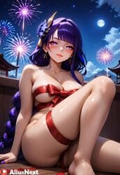 1girls ai_generated aliusnext breasts feet female genshin_impact gift gift_wrapped happy_new_year high_quality high_resolution highres light-skinned_female light_skin merry_christmas nail_polish patreon purple_eyes purple_hair raiden_shogun ribbon ribbon_bondage solo solo_female tagme