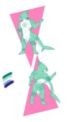 2_penises 4_fingers 4_toes 9:16 animal_genitalia animal_penis anthro aquatic biped butt claspers diphallism feet fingers fish genitals green_body hageemy1 hi_res horizontal_diphallism lgbt_pride male markings multi_genitalia multi_penis nude penis pride_colors shark simple_background solo solo_male standing tail teal_body teeth toes vincian_pride_colors white_penis