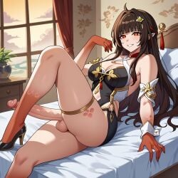 1futa 1girls ai_generated brown_hair cock colored colored_extremities confident futanari hand_up heels honkai:_star_rail huge_cock laying_down laying_on_bed leg_tattoo lingsha_(honkai:_star_rail) long_hair looking_at_viewer orange_eyes pointy_ears red_eyes red_hands room smile teeth_visible thigh_strap thighs