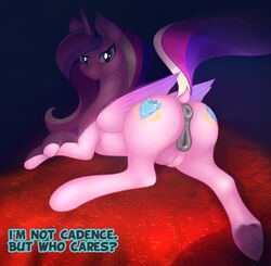 2017 alicorn anus ass crotchboobs digital_media_(artwork) english_text eqamrd equine female friendship_is_magic hair horn looking_at_viewer lying mammal my_little_pony nude princess_cadance_(mlp) pussy queen_chrysalis_(mlp) solo text wings