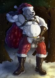 anthro balls bara barazoku bear belt big_balls big_penis blue_eyes bodily_fluids boots bottomwear christmas christmas_clothing christmas_headwear clothing crotchless_bottomwear crotchless_clothing crotchless_pants duo erection footwear forest fur genital_fluids genitals gloves handwear harness hat headgear headwear hi_res holidays humanoid_genitalia humanoid_penis kirlanlion leaking_precum leather leather_boots leather_clothing leather_footwear leather_gloves leather_handwear leather_harness looking_at_viewer male mammal mostly_nude_anthro mostly_nude_male musclegut muscular muscular_anthro muscular_male outdoor_nudity outside pants penis plant polar_bear precum sack santa_bear santa_hat shoes smile smiling_at_viewer smirk smirking_at_viewer snow snowing snowing_outside tree ursine white_body white_fur