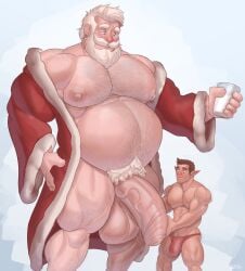 balls bara beard big_balls big_penis body_hair bulge christmas elf facial_hair flaccid gab_art gay male male_only muscles muscular penis pointy_ears santa_claus size_difference