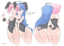 2females 2girls ass blue_hair breasts bunny_ears bunnysuit butt crossover doki_doki_literature_club emiillb female green_eyes konata_izumi long_hair lucky_star natsuki_(doki_doki_literature_club) pink_eyes pink_hair short_hair thighs