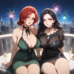 ai_generated big_breasts black_dress black_hair cd_projekt_red celebration champagne champagne_glass choker city city_background cleavage dress eogard_orc fireworks green_dress green_eyes new_year new_year_2025 night purple_eyes red_hair self_upload sitting skyline stable_diffusion the_witcher_3:_wild_hunt triss_merigold video_game_character white_panties yennefer