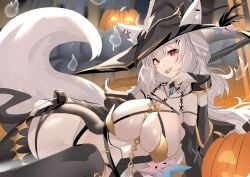 1girls absolute_territory alternate_version_available big_breasts bikini bikini_top breasts cleavage collarbone fox_ears fox_girl fox_tail halloween halloween_costume halloween_theme large_breasts light-skinned_female light_skin magician_hat meridian_project mizuki_(vtuber) open_mouth pumpkin red_eyes seductive seductive_look thigh_highs thighhighs thighs virtual_youtuber weyas_kayur white_hair