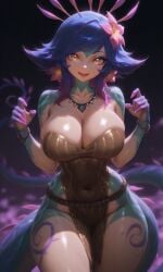 1girls ai_generated big_breasts chronoai colorful female flower_in_hair green_body hourglass_figure humanoid large_breasts league_of_legends looking_at_viewer markings monster_girl necklace neeko short_hair slim_waist tail thick_thighs thighs video_game video_game_character video_game_franchise