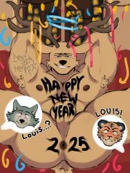 anthro anus armpit_hair aroused ass beastars bill_(beastars) body_hair bottomless butt_focus canid canine clothed clothing confetti confusion deer dialogue dogahotx felid furniture genitals group happy hi_res holidays legoshi_(beastars) louis_(beastars) male male/male mammal muscular new_year nude on_sofa pantherine pecs penis sitting sitting_on_sofa sofa tiger trio