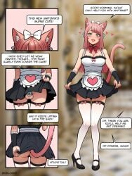 1futa animal_ears ass black_dress blurry blurry_background bow breasts cat_ears cat_tail chastity chastity_cage close-up comic crossdressing dress dress_lift english_text frills hairbow icelocke long_hair maid maid_uniform no_panties pink_hair sissy speech_bubble tail thighhighs turquoise_eyes