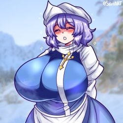 1girls artist_name big_breasts breasts closed_eyes clothed_female hat huge_breasts lavender_hair letty_whiterock light-skinned_female purple_hair seireiart solo solo_female touhou watermark