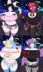 1boy 3girls animal_crossing big_breasts breasts bulge bulge_through_clothing busty_boy cherry_(animal_crossing) cleavage female finley_(theycallhimcake) furry huge_breasts kyler_(theycallhimcake) maggie_applebee theycallhimcake thick_thighs wide_hips