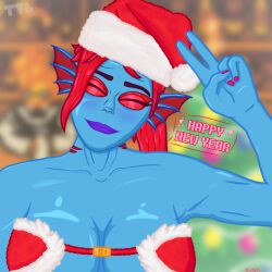 1girls 2024 big_breasts christmas christmas_clothing christmas_outfit christmas_tree deltarune muscular muscular_female new_year solo_female tamerlantl_(author) undertale undyne