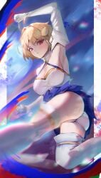 ahoge arcueid_brunestud armpits ass ass bare_shoulders big_ass blonde_hair blue_skirt breasts bubble_butt camellia_(s_kamellia) cleavage clenched_hand crescent crescent_hair_ornament dress fate/grand_order fate_(series) feet_out_of_frame female gloves hair_ornament huge_ass kicking large_ass large_breasts midair panties pantyshot phantas-moon short_hair skirt solo strapless strapless_dress tsukihime underwear white_dress white_gloves white_panties