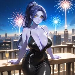 ai_generated black_dress blizzard_entertainment champagne champagne_glass city city_background cleavage dark_hair eogard_orc facing_viewer fireworks happy_new_year high_ponytail huge_breasts looking_at_viewer new_year_2025 night overwatch overwatch_2 purple_skin seductive self_upload sexy_dress stable_diffusion standing widowmaker yellow_eyes