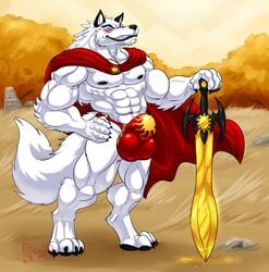 2017 4_toes 5_fingers abs animal_genitalia animal_penis anthro autumn balls black_nose bulge canine canine_penis cape clothing digitigrade eyebrows fully_sheathed fur grin hair hand_on_hip hungothenomster looking_at_viewer male male_only mammal melee_weapon muscular muscular_male nipples penis pose red_eyes redmight sharp_teeth sheath smile solo standing sword teeth toes underwear weapon white_fur white_hair wolf