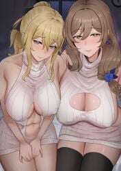 2girls absurdres black_thighhighs blonde_hair blue_eyes blush breasts brown_hair cleavage cleavage_cutout clothing_cutout commentary covered_erect_nipples english_commentary flower genshin_impact green_eyes hair_flower hair_ornament hans-kun highres huge_breasts jean_(genshin_impact) lisa_(genshin_impact) looking_at_viewer meme_attire multiple_girls navel smile thighhighs virgin_killer_sweater