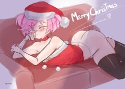 1female 1girls ass blush butt christmas couch doki_doki_literature_club emiillb english_text female headwear holidays natsuki_(doki_doki_literature_club) pink_eyes pink_hair santa_hat text