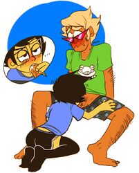 ... 2boys age_difference black_hair blonde_hair blush body_hair booty_shorts bro_strider clothing dark-skinned_male dark_skin fellatio gay glasses homestuck john_egbert male_only ms_paint_adventures oral penis pubic_hair short_hair sunglasses text white_background white_skin zillyhookah