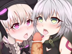 2girls akaki_tsubasa bar_censor bare_shoulders black_bow black_hat blush bow braid breasts censored cleavage eyebrows_visible_through_hair fate/apocrypha fate/extra fate/grand_order fate_(series) hair_between_eyes hairbow hat jack_the_ripper_(fate) long_hair low_braid multiple_girls nose_blush nursery_rhyme_(fate) open_mouth penis petite pov pov_eye_contact purple_eyes silver_hair small_breasts tattoo tongue tongue_out upper_body yellow_eyes