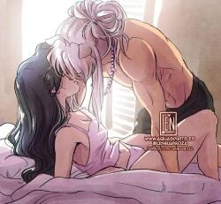 aquarina husband_and_wife imminent_sex in_bed inuyasha inuyasha_(character) kagome_higurashi kisssing panties pink_panties romantic shirtless_male straight