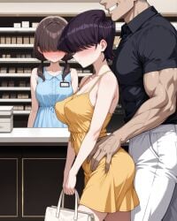 1boy 2girls ai_generated bangs bangs_over_eyes bare_shoulders blush breasts brown_hair cheating cheating_wife closed_mouth dress embarrassed grin hair_over_eyes hand_on_another's_hip handbag komi-san_wa_komyushou_desu komi_shuuko low_twintails milf muscular_male name_tag netorare notreallyhere ntr perky_breasts polo_shirt purple_hair shop short_hair size_difference store sundress swept_bangs unseen_male_face yellow_dress