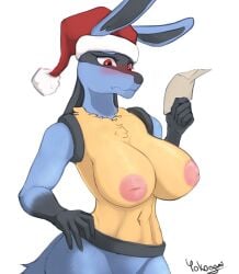 anthro big_breasts breasts christmas female generation_4_pokemon half-length_portrait hi_res holidays lucario nintendo nude pokemon pokemon_(species) portrait yokogami