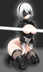 blindfold breasts censored censored_nipples female lgc_cat light-skinned_female mole_under_mouth nier nier:_automata revealing_clothes solo thick_thighs white_hair yorha_2b