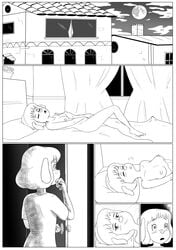 2017 4_fingers age_difference anthro bedroom bedroom_eyes blush breasts canine caught clothing comic digital_media_(artwork) dog duo female furry hair half-closed_eyes hi_res imminent_sex mammal masturbation monochrome mrs._hudson nipples nude polly_(sherlock_hound) pussy seductive sherlock_hound_(series) short_hair vinoda young yuri