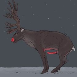 absurd_res anus arching balls brown_body brown_eyes christmas clenching deer erection feral genitals glowing glowing_anus glowing_balls glowing_genitalia glowing_nose hi_res holidays hooves horn humping looking_back male mammal new_world_deer new_year_2025 night penis red_nose red_penis reindeer side_view sky smile snow solo star tail white_tail zw3