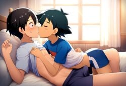 ai_assisted ai_generated erection gay gay_sex kirito kissing pokemon satoshi_(pokemon) shirt shirt_lift shirt_up sword_art_online toned toned_body toned_male tshirt