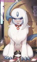 absol absolute_territory ai_generated anthro artist_name biped captured claws collar condom condom_filling cum cum_in_pussy cum_inside cum_on_face feral fur furry furry_female halley harness horns humiliation impregnation nyxoria pokemon pokemon_(species) pokephilia slavegirl