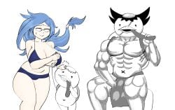 1girls 2boys barely_clothed belly belly_button bikini blue_hair blush breasts cameltoe child_bearing_hips closed_eyes collarbone color coppermine_(battle_cats) cucumber digital_media_(artwork) dilf dn0528 eating extremely_long_hair family father galaxy_gals glasses huge_breasts human interspecies interspecies_relationship kappa kappy_jr. kappy_kawano large_breasts light_skin loincloth long_hair looking_at_partner male mature_female milf muscular muscular_male nyanko_daisensou plate plump plump_female ponytail pulling_clothing scar shell shoulder sitting smile sweat the_battle_cats thick_thighs thighs tight_clothing wide_hips