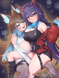 2girls akuma_nihmune akuma_nihmune_(4th_costume) animal_ears black_footwear black_nails blue_eyes blue_hair blue_scarf boots breasts brown_hair cleavage cleavage_cutout clothing_cutout cross facial_mark fishnet_thighhighs fishnets gradient_hair hair_ornament hand_on_another's_shoulder hareteruya heart heart_facial_mark highres horns indie_virtual_youtuber inverted_cross jacket large_breasts long_hair mole mole_under_eye multicolored_hair multiple_girls pink_eyes purple_hair red_jacket scarf sinder_(vtuber) snowflake_print snowflakes star_(symbol) star_hair_ornament streaked_hair tail thighhighs twitch twitter virtual_youtuber wolf_ears wolf_girl wolf_tail youtube zipper