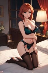 1girls ai_generated auburn_hair bra female_only green_eyes lingerie red_hair skotos_ai thighhighs wife