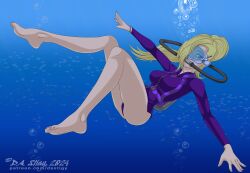 1girls 5_toes barefoot blonde_hair blue_eyes dastigy feet female female_only ino_yamanaka long_sleeve_leotard naruto naruto_(series) scuba scuba_gear scuba_mask scuba_tank soles solo solo_female solo_only toes underwater