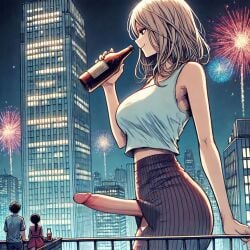 1futa ai_generated alcohol alcohol_bottle alcoholic_drink big_penis blonde_hair city drunk fireworks futa_is_bigger futanari giantess large_penis larger_futanari light-skinned_futanari light_skin pencil_skirt penis penis_poking_out size_difference smaller_female smaller_male spalela tanktop