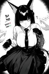 2024 ? animal_ears big_breasts black_hair blush bowtie breasts fingerless_gloves fox_ears fox_girl gloves hoshimi_miyabi large_breasts looking_at_viewer masoq095 monochrome pov sitting skirt zenless_zone_zero