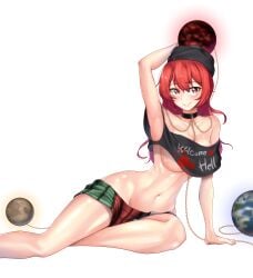 belly bellybutton clothing female female hecatia_lapislazuli leo23 looking_at_viewer red_eyes red_hair smile solo touhou underboob white_background