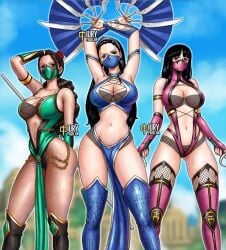 3girls arms_up big_breasts black_hair blue_clothing boa_hancock chains cosplay crossover curvy female_only flower_in_hair gold_chain golden_chains green_clothing green_leotard hand_on_head holding_weapon hourglass_figure huge_breasts iury_padilha jade_(cosplay) kitana_(cosplay) legwear light-skinned_female loincloth looking_at_viewer mask masked_female mileena_(cosplay) mortal_kombat nico_robin one_piece pale-skinned_female pale_skin pink_clothing pink_leotard revealing_clothes thighhighs trio trio_focus viola_(one_piece) voluptuous voluptuous_female weapons