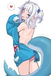 1girls bandaid bandaids_on_nipples blue_eyes blue_hair blush ckatnha female gawr_gura heart hololive hololive_english hololive_myth hoodie looking_back oerba_yun_fang open_clothes open_hoodie panties partially_clothed rear_view shark_girl shark_tail short_hair solo solo_female striped_panties tail twintails virtual_youtuber white_hair