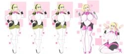 aegis_(persona) aigis_(persona) atlus bimbo bimbofication blonde_hair blue_eyes breast_expansion female headphones high_heel_boots high_heels high_heels_boots persona persona_3 robot sealguy sega short_hair transformation