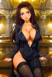 ai_generated anime babe bar beer beer_bottle beer_glass black_stockings brown_hair cana_alberona cleavage date dress drink fairy_tail happy_new_year large_breasts looking_at_viewer magical_girl new_year night party party_dress pleasure purple_eyes revealing_clothes seducing seductive_smile sexy sitting_on_stool stockings stool thick_thighs toongenai voluptuous voluptuous_female witch wood wooden_table