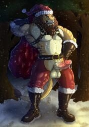 anthro balls bara barazoku beard belt big_balls big_penis blue_eyes bodily_fluids boots bottomwear christmas christmas_clothing christmas_headwear clothing crotchless_bottomwear crotchless_clothing crotchless_pants duo erection facial_hair facial_piercing felid footwear forest fur genital_fluids genitals gloves handwear harness hat headgear headwear hi_res holidays humanoid_genitalia humanoid_penis hybrid kirlanlion leaking_precum leather leather_boots leather_clothing leather_footwear leather_gloves leather_handwear leather_harness liger lion looking_at_viewer male mammal mostly_nude_anthro mostly_nude_male multicolored_body multicolored_fur muscular muscular_anthro muscular_male nose_piercing nose_ring outdoor_nudity outside pantherine pants penis piercing pink_nose plant precum ring_piercing sack santa_hat shoes smile smiling_at_viewer smirk smirking_at_viewer snow snowing snowing_outside solo striped_body striped_fur stripes tan_body tan_fur tiger tree two_tone_body two_tone_fur