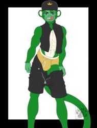 2017 abs anthro ape baseball_cap big_balls blackbear bubble_butt bulge fur green_fur green_hair hair hat heterochromia humanoid_penis male male_only mammal mint_(character) monkey open_shorts pecs primate shorts_down solo tail tongue_out underwear vest zipper