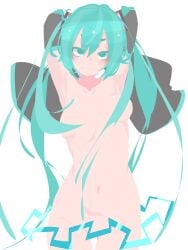 1girls armpits arms_up belly_button breasts convenient_censoring female female_only hara_id_21 hatsune_miku looking_at_viewer midriff nude nude_female smile solo solo_female vocaloid