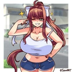 1girls alternate_version_available and artist_name big_breasts border breasts brown_hair casual cleavage clothed_female doki_doki_literature_club green_eyes huge_breasts light-skinned_female mole_under_eye monika_(doki_doki_literature_club) one_eye_closed ponytail seireiart shorts solo solo_female thick_thighs watermark