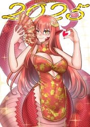 1girls big_breasts breasts cleavage clothed clothing dress female heart hourglass_figure katoushinobu lamia long_hair looking_at_viewer miia_(monster_musume) monster_girl monster_musume_no_iru_nichijou new_year one_eye_closed red_hair red_scales solo solo_female wide_hips wink