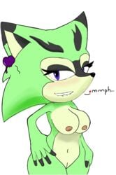 animal_humanoid archie_comics ass biting_lip blush breasts clove_the_pronghorn comic eyelashes female female_only furry green_hair green_skin half-closed_eyes hands_on_hips heart large_breasts looking_at_viewer mobian_(species) navel nipples pronghorn purple_eyes pussy sega sonic_(series) teeth text thick_thighs wide_hips