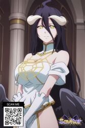 ahoge ai_generated albedo_(overlord) bangs bare_shoulders bed black_hair black_wings blush breasts cleavage closed_mouth clothing demon_girl demon_horns detached_collar dress feathered_wings female gloves hair_between_eyes horns large_breasts littlehentai long_hair looking_at_viewer low_wings lying on_back on_bed overlord_(maruyama) pillow savitar savitar_(artist) slit_pupils smile solo very_long_hair white_dress white_gloves white_horns wings yellow_eyes