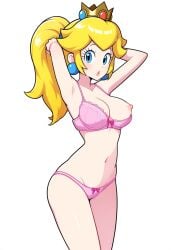 ai_generated blonde_female blonde_hair bra breasts looking_at_viewer mario_(series) nintendo nipple_slip nipples panties pink_bra pink_panties ponytail princess_peach solo_female solo_focus super_mario_bros.